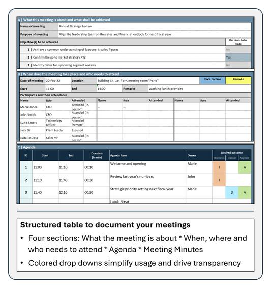 Project Management template Meeting Charter is a structured table to document meetings