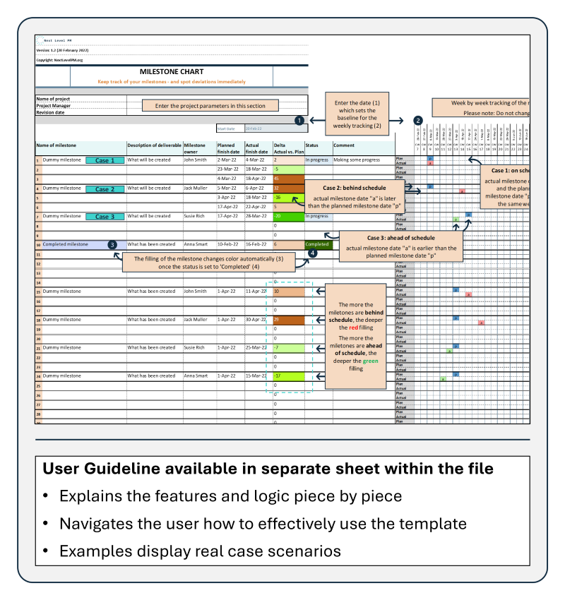 User guideline for Project Management template Milestone Chart 