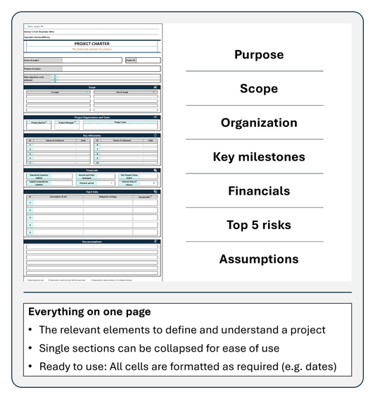 Project Management template Project Charter captures the main categories (purpose, scope, organization, milestones, financials, top 5 risks, assumptions)