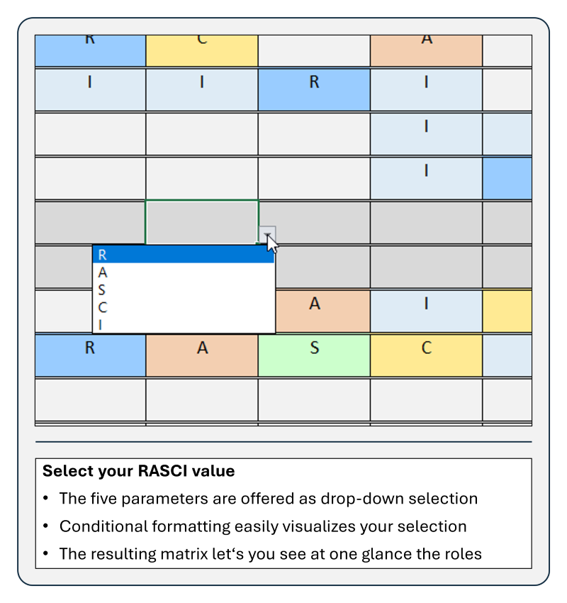 Selecting the RASCI value through a drop-down in the Project Management template RASCI Matrix